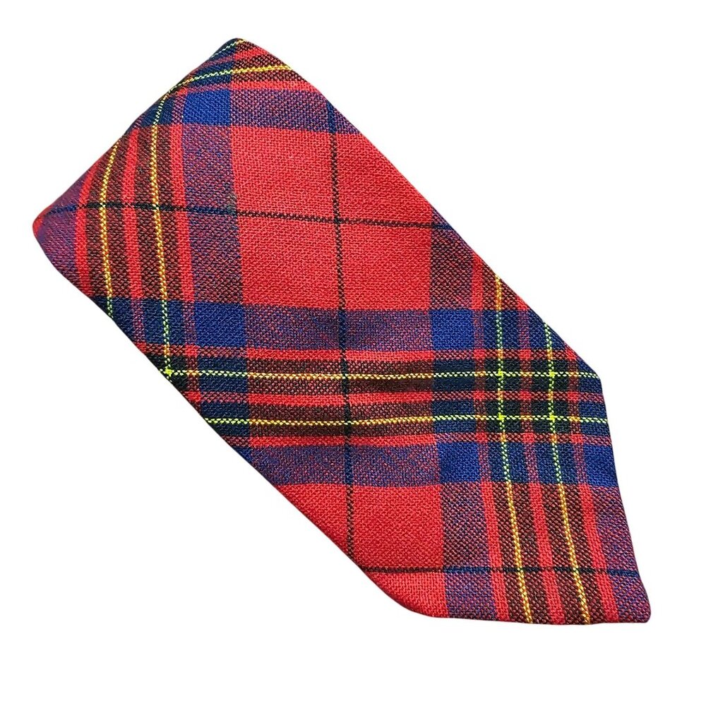 Vintage‎ Wool Leslie Tartan Plaid Tie Red Blue Yellow Scotland Preppy Academia